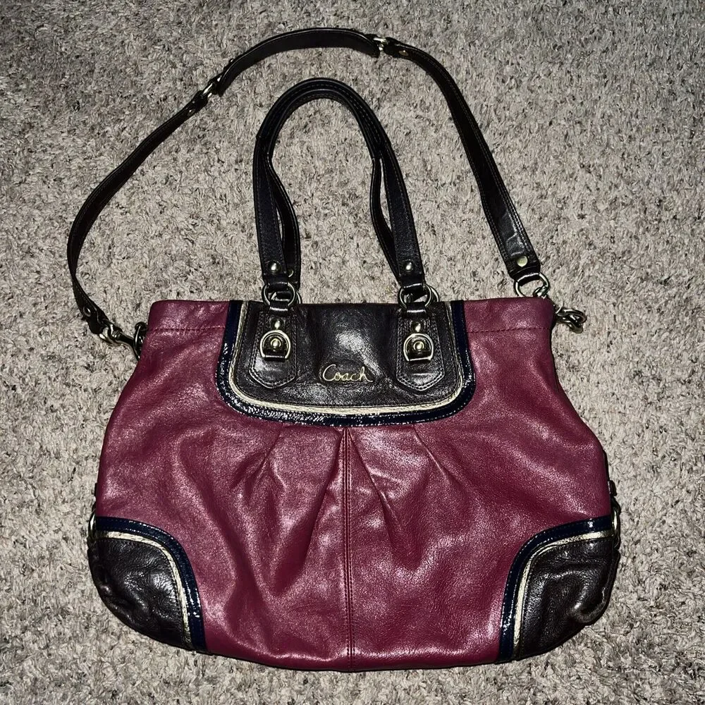 Vtg Coach Purse‎ Magenta Red Choco Brown Gold Leather Ashley Satchel Tote